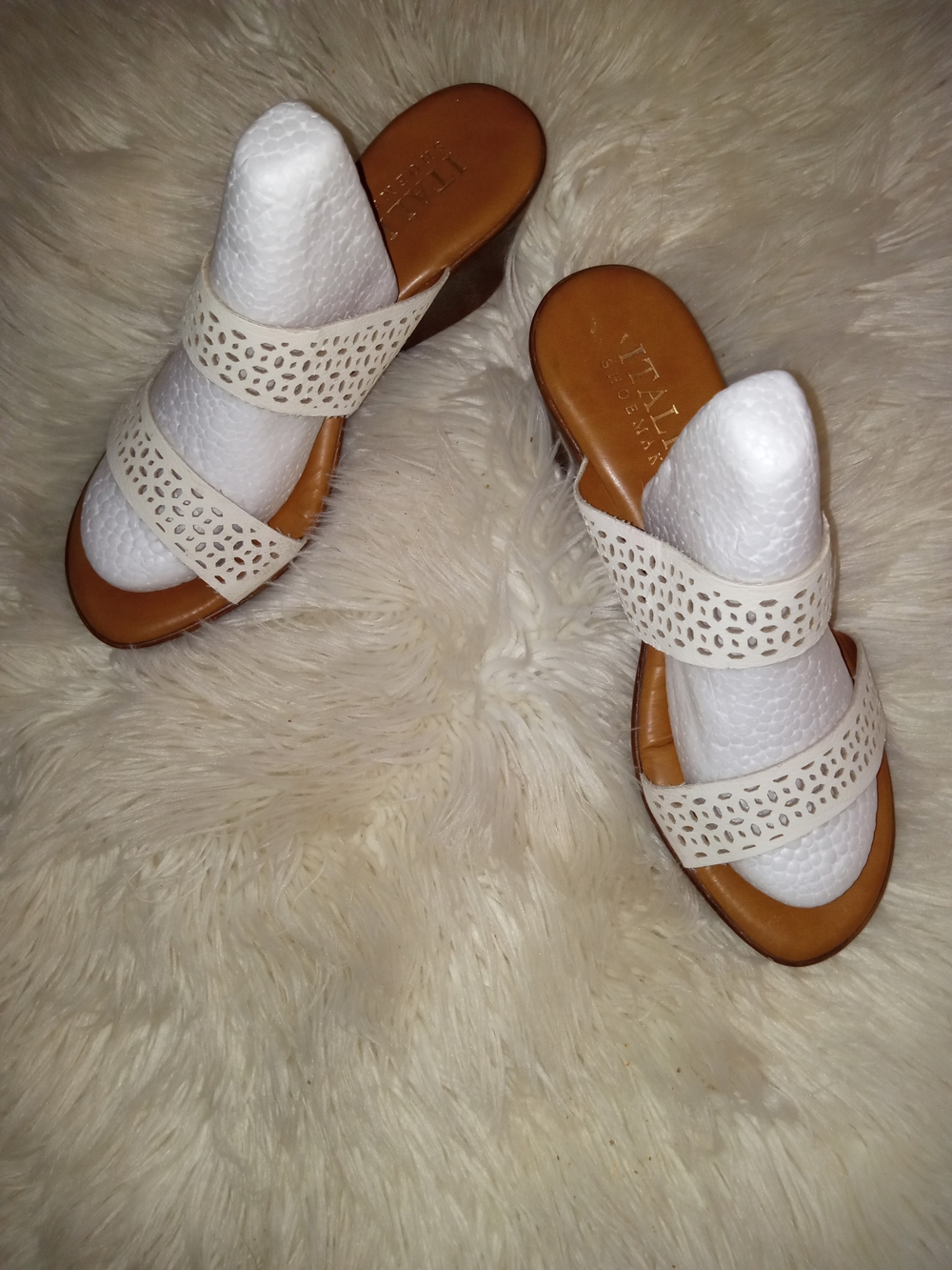 Italian Shoemakers Cream Perforated Double-Strap Slide Mules